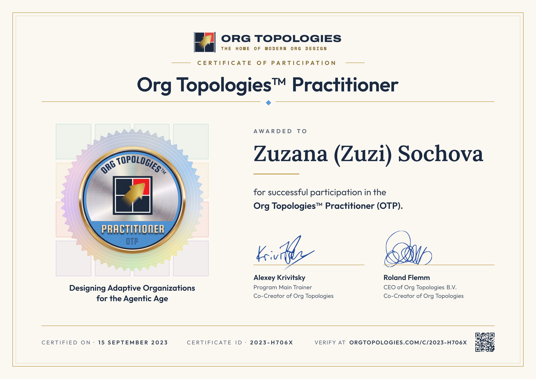 Certificate of Participation: Org Topologies™ Practitioner. Awarded to Zuzana (Zuzi) Sochova for successful participation in the Org Topologies™ Practitioner (OTP). Signed by Alexey Krivitsky and Roland Flemm. Accreditation 15 September 2023, certificate ID 2023-H706X.