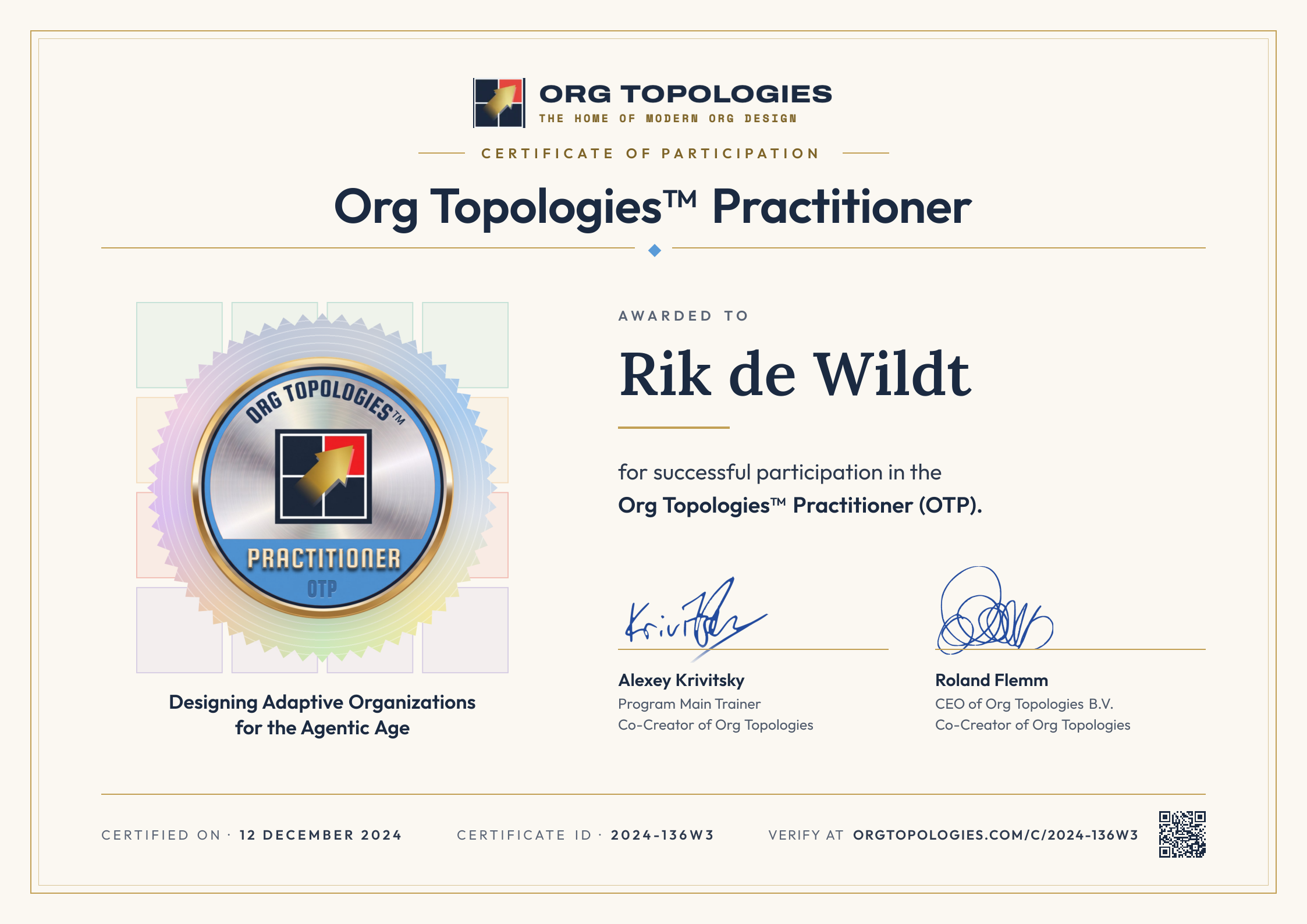 Certificate of Participation: Org Topologies™ Practitioner. Awarded to Rik de Wildt for successful participation in the Org Topologies™ Practitioner (OTP). Signed by Alexey Krivitsky and Roland Flemm. Accreditation 12 December 2024, certificate ID 2024-136W3.