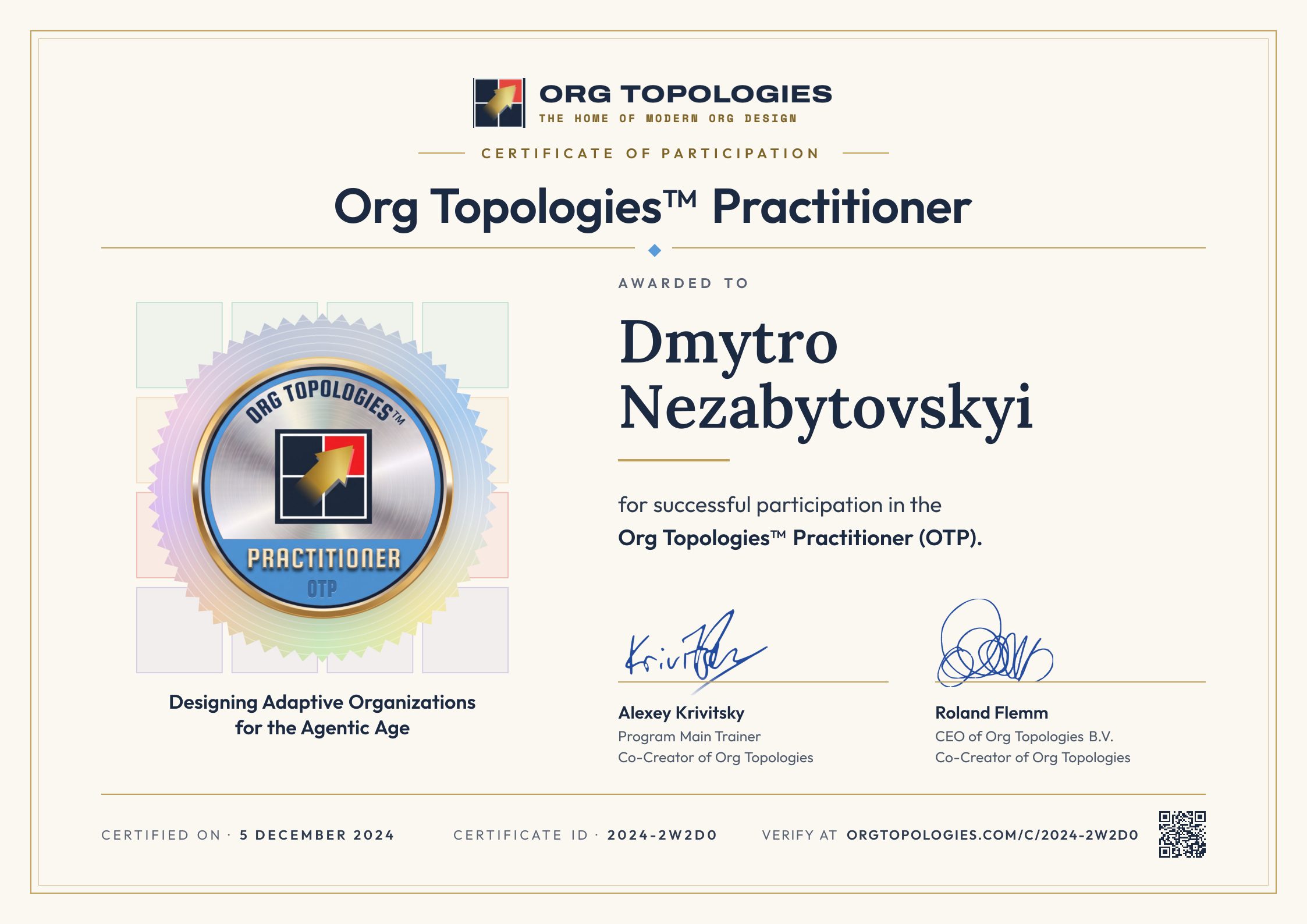 Certificate of Participation: Org Topologies™ Practitioner. Awarded to Dmytro Nezabytovskyi for successful participation in the Org Topologies™ Practitioner (OTP). Signed by Alexey Krivitsky and Roland Flemm. Accreditation 5 December 2024, certificate ID 2024-2W2D0.