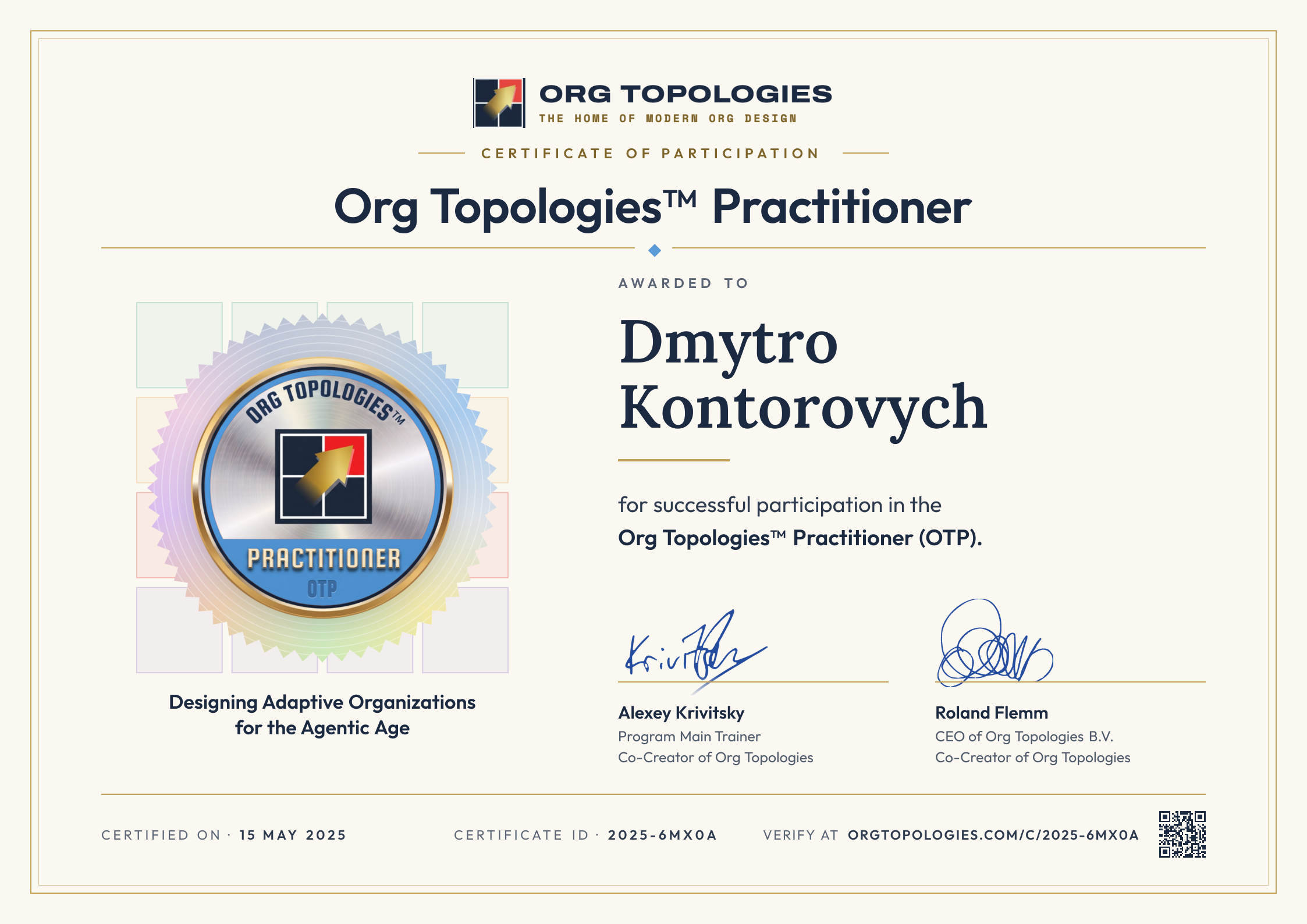 Certificate of Participation: Org Topologies™ Practitioner. Awarded to Dmytro Kontorovych for successful participation in the Org Topologies™ Practitioner (OTP). Signed by Alexey Krivitsky and Roland Flemm. Accreditation 15 May 2025, certificate ID 2025-6MX0A.