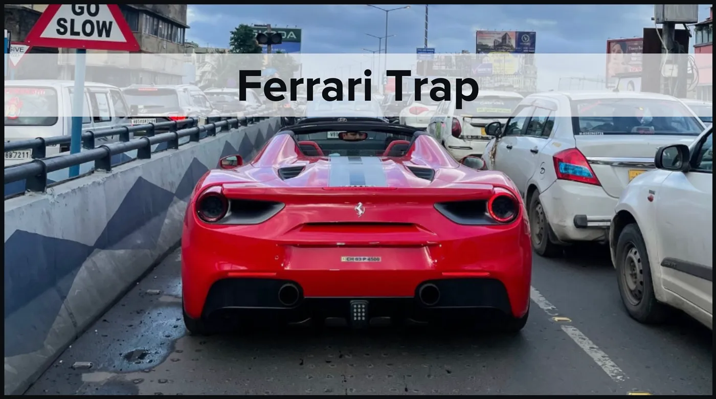 Ferrari Trap: a red Ferrari stuck in a traffic jam