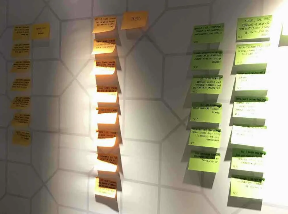 Columns of orange and green sticky notes on a wall, the product backlog items prepared for multi-team refinement