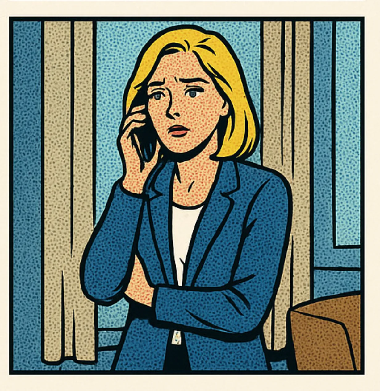 Pop-art comic panel of Stacy on the phone, worried, a few weeks into her small organizational changes