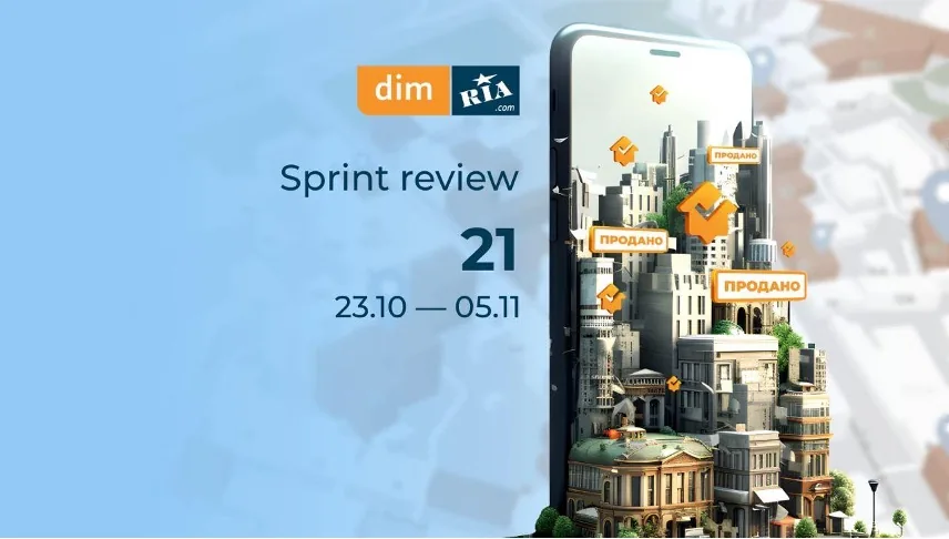 Sprint Review 21 title slide of dim.ria, 23 October to 5 November, with a phone showing a city of sold houses