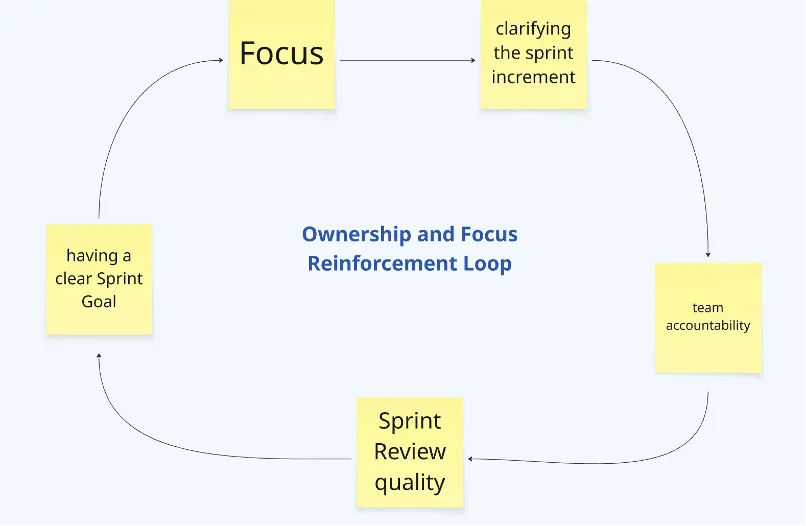 Ownership and focus reinforcement loop: a clear Sprint Goal brings focus, a clearer increment, team accountability and better reviews