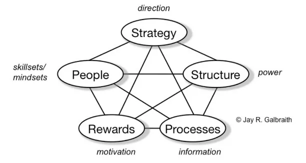 Galbraith Star Model: strategy, structure, processes, rewards and people, the five elements of organizational design